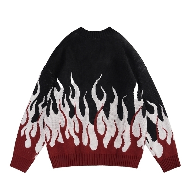Mens Sweaters Retro Flame Printed Contrast Color Pullover Autumn Sweaters for Men and Women Round Neck Patchwork Hip Hop Baggy Knitted Tops 220929
