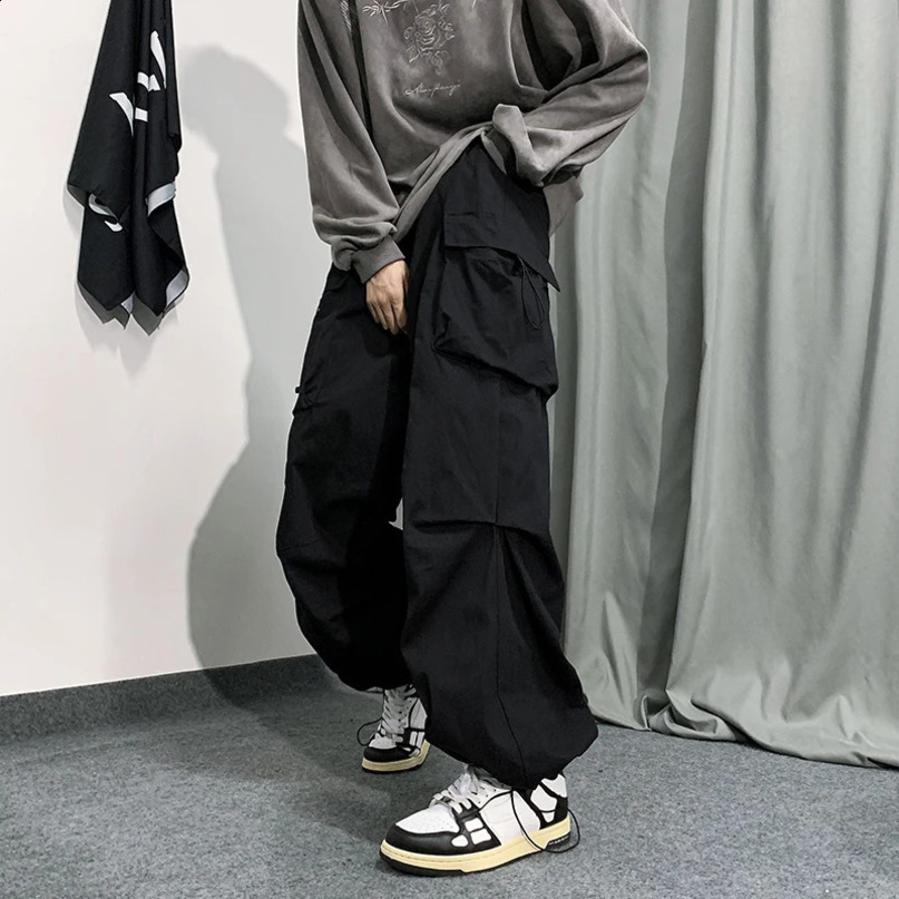 Spring Summer Fashion Cargo Pants Men Solid Color Elastic Waist Wide Leg Casual Mens Oversize Baggy For Women 241105