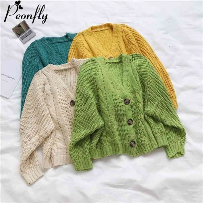 PEONFLY Korean Style Knitted Sweater Cardigans Women Long Sleeve Single Breaster Female Cardigan Solid Sweaters Sueter Mujer 210917