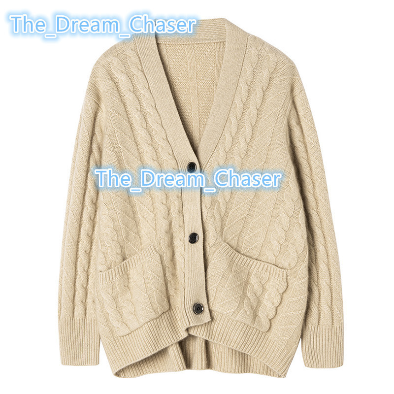 Cableknit Vneck Cashmere Cardigan for Women Autumn and Winter Pure Goat Wool Sweater Thickened Coat with Chunky Yarn