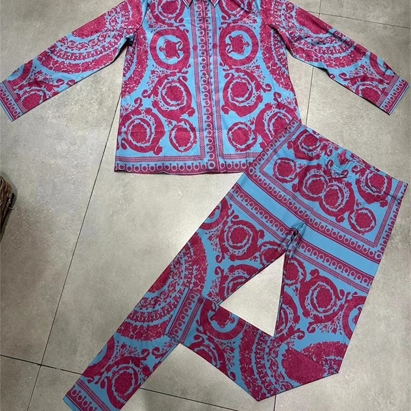 Retro geometric print lapel loose shirt two-piece set summer womens elastic waist tight stretch pants fashion set 240429
