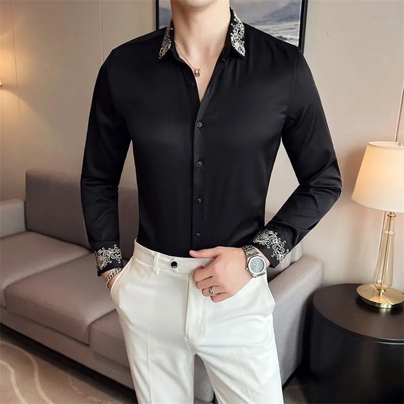 Y2K Mens Vintage Long Sleeve Black Shirt Fashion Hawaiian Slim Fit Embroidery Shirts Casual Cargo Shirts Men Chemise Homme 240530