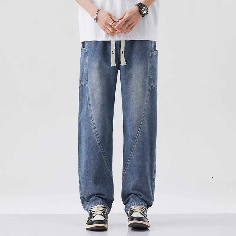 Mens Drawstring Waist Loose Wide Leg Denim Jeans 2025 Autumn Winter Fashionable Patchwork Design Casual Pants Plus Size 4XL W250925