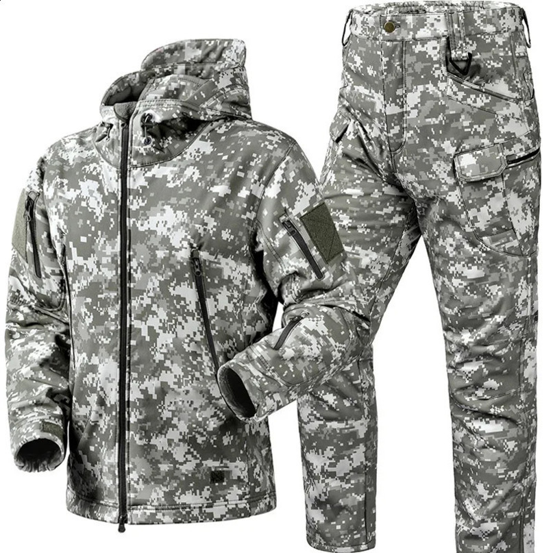 Winter Thicken Men Camo Suit Waterproof Tactical Training Set Multipocket Hooded Jacket Fleece Pants Outdoor Hunting 2piece 250228