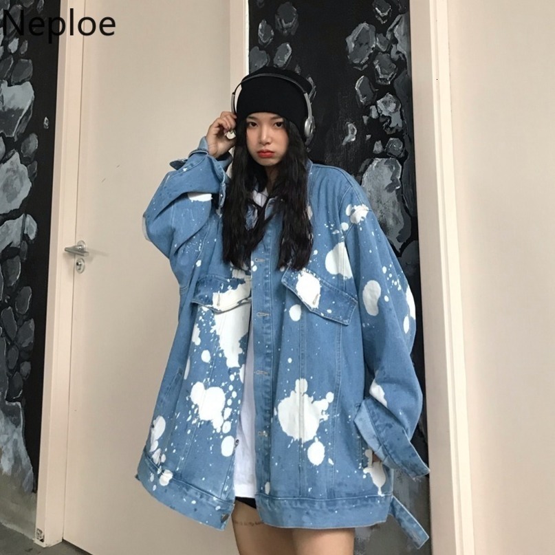Neploe Vintage Tie-dye Denim Jacket Women Harajuku Hip Hop Scrawl Oversized Outwear Streetwear BF Korean Fashion Casual Coat 210422