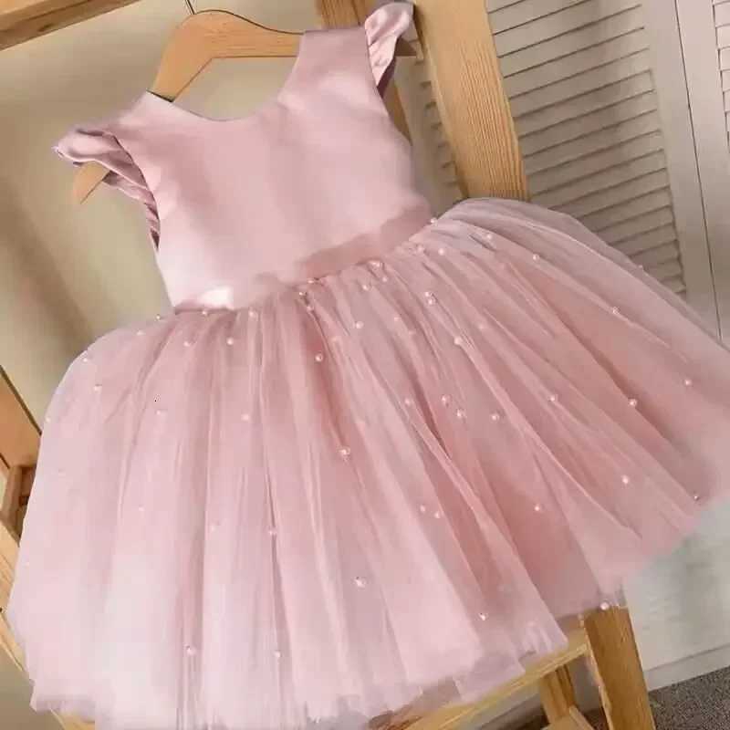 Pink Flower Girl Dresses Cute Bow Short Sleeve Princess Dresses for Formal Wedding Kid Birthday Par Banquet Elegant Girls Gown W250925