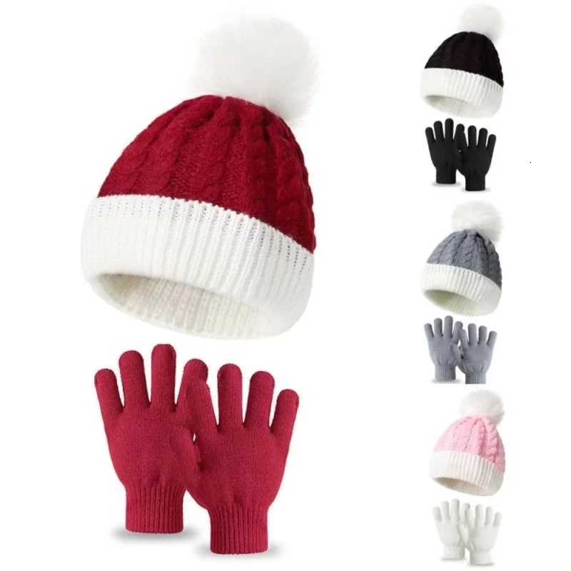124Sets Childrens Wool Ball Knitted Hat Thicke Warm Christmas Hat Gloves Two Sets of Autumn and Winter Wool Plover Hat X250925