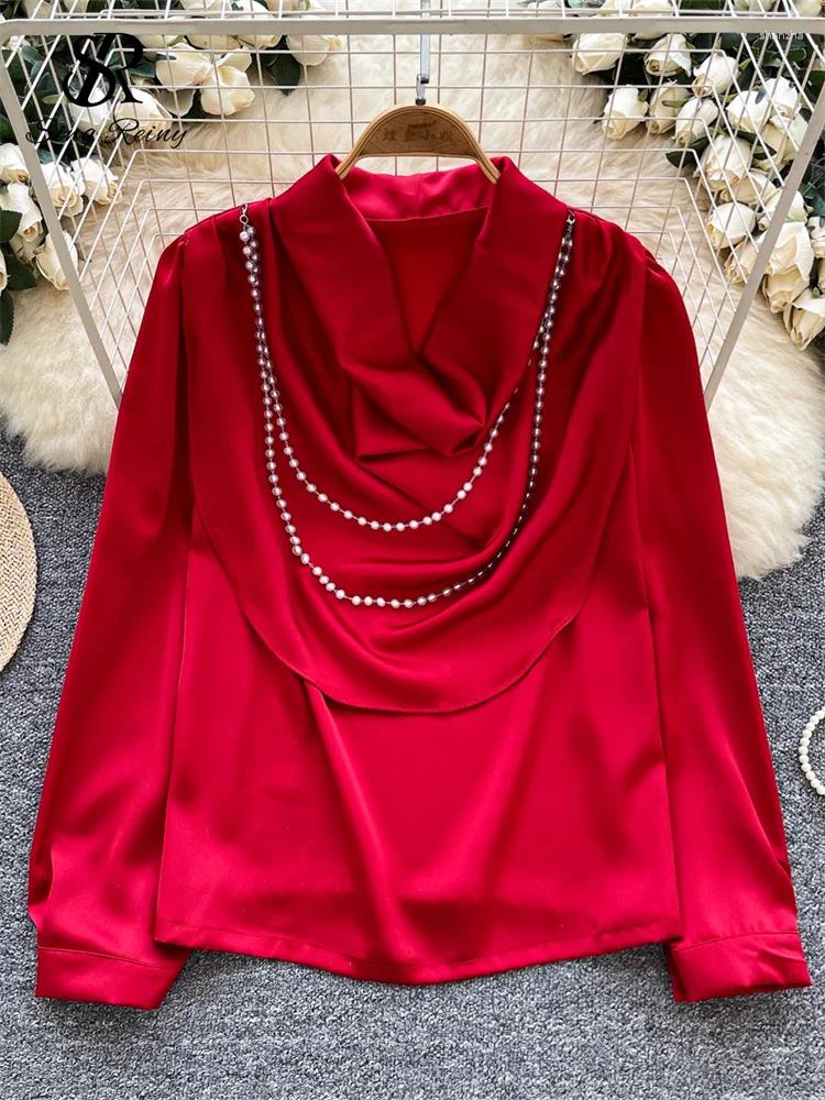 Women's Blouses SINGREINY French Senior Satin Women Blouse Long Sleeves Swing Collar Pearl Chain Chic Design 2025 Autumn Loose Casual Shirt