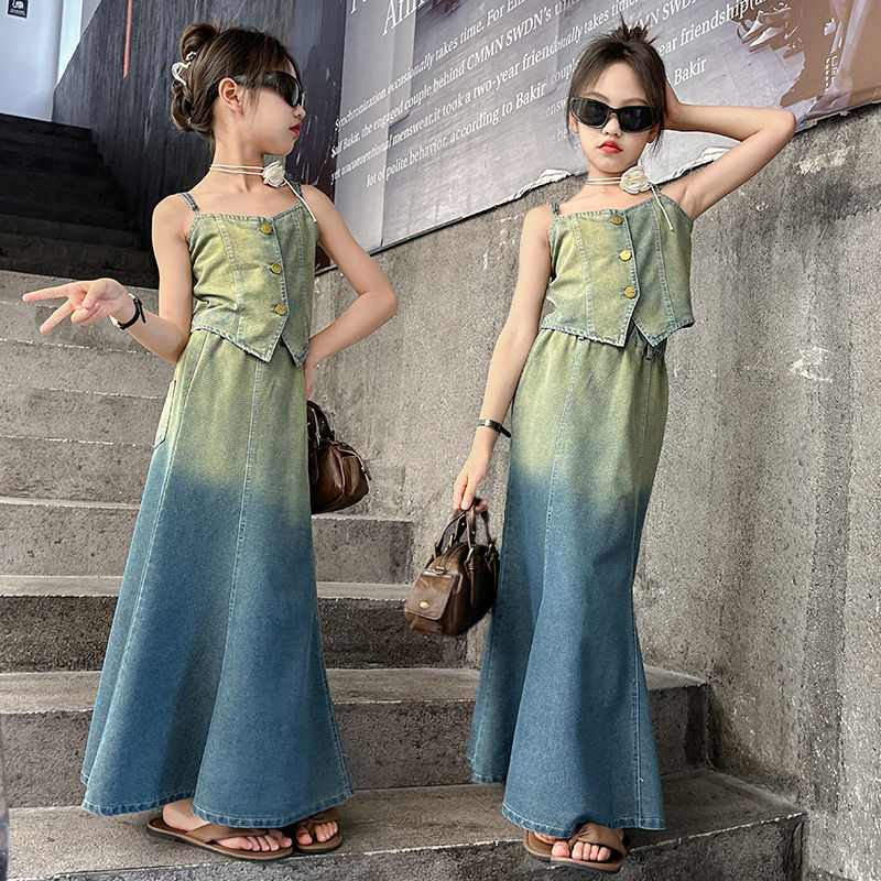 D379 Girls summer suit skirt fishtail skirt summer dress girl children gradient denim skirt stylish fashionable skirt two-piece suit-image-1076931411