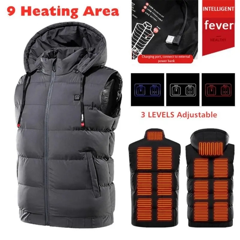 Men's Vests Winter Electric Heated Hooded Vest Thermal Waterproof Jacket USB Charging Vest Adjustabe Heating Warmer Pad Hiking Warm Jacket 2310