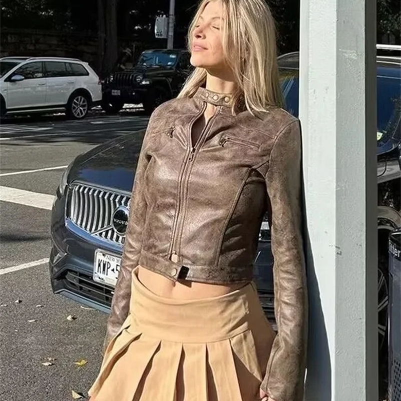 SIYANG Retro Chic Cut Suede Jacket Womens Autumn Fashion Artificial Leather Short Sleeve Pocket Zipper 241211Z