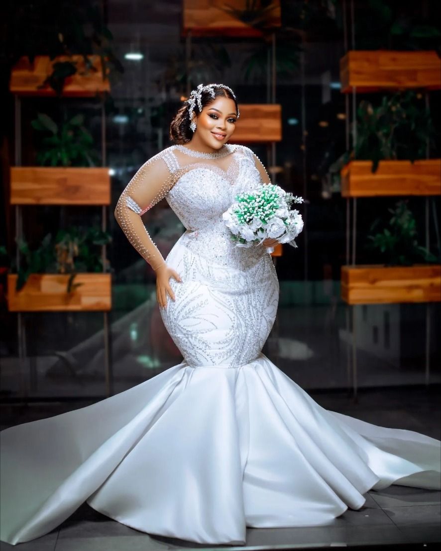 Aso Ebi Plus Size Ivory Mermaid Wedding Dress Full Sleeves Beaded Sheer Neck Sequined Lace Satin Luxurious Bridal Gowns Dresses 0922
