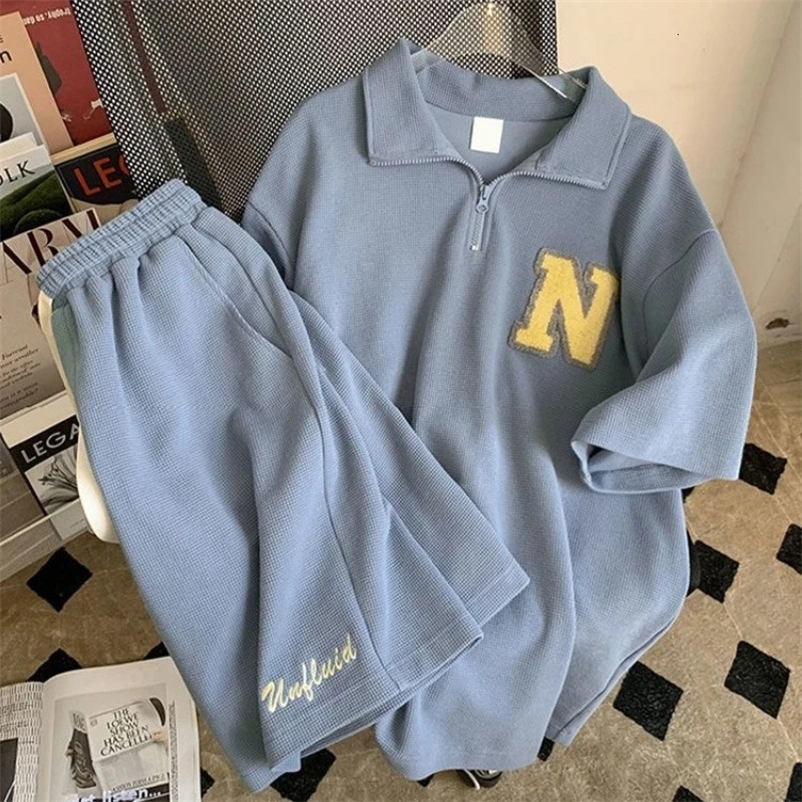 Summer Oversize Casual Fashion tracksuit Loose Waffle Suit Men Loose Short-sleeve tshirt Sports Shorts Letter Print 2pcs Set 240429