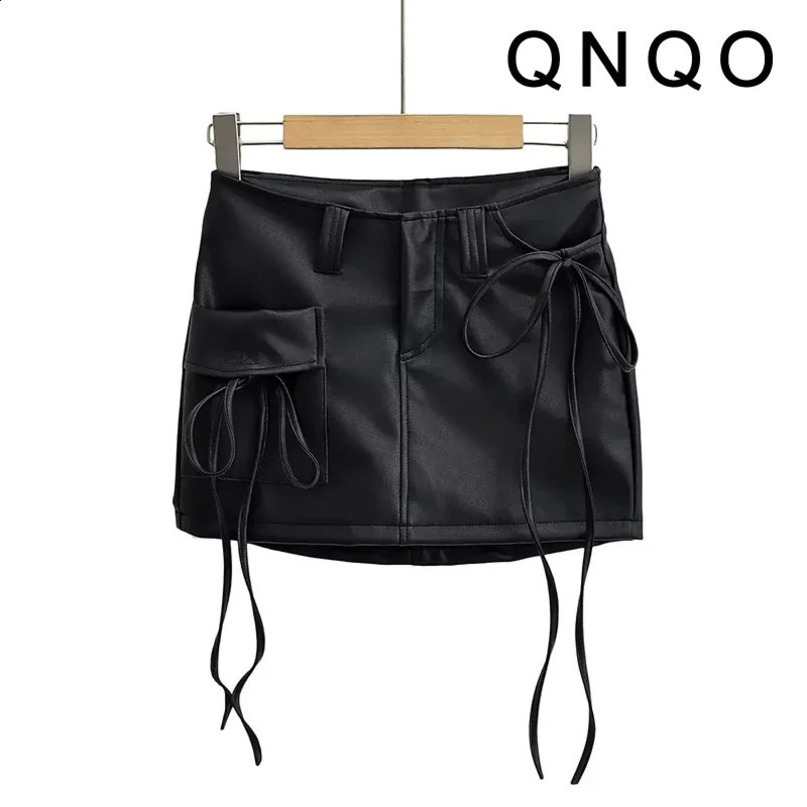 QNQO Skirts for Women Y2k Fashion Lace Up PU Leather Black Skirt Korean Style Slim Pocket Hip Wrap Womens Mini 250305