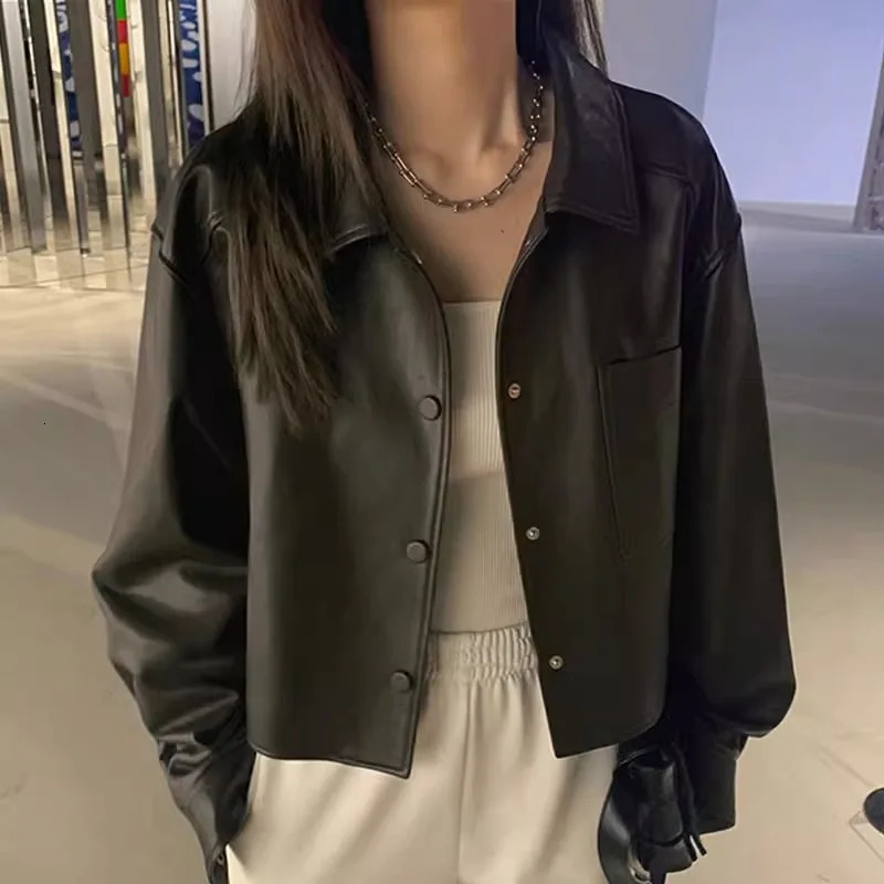 Fashion Biker Jackets Womens Motorcycle Leather Solid Color PU Loose Black Jacket Coat Autumn 250905