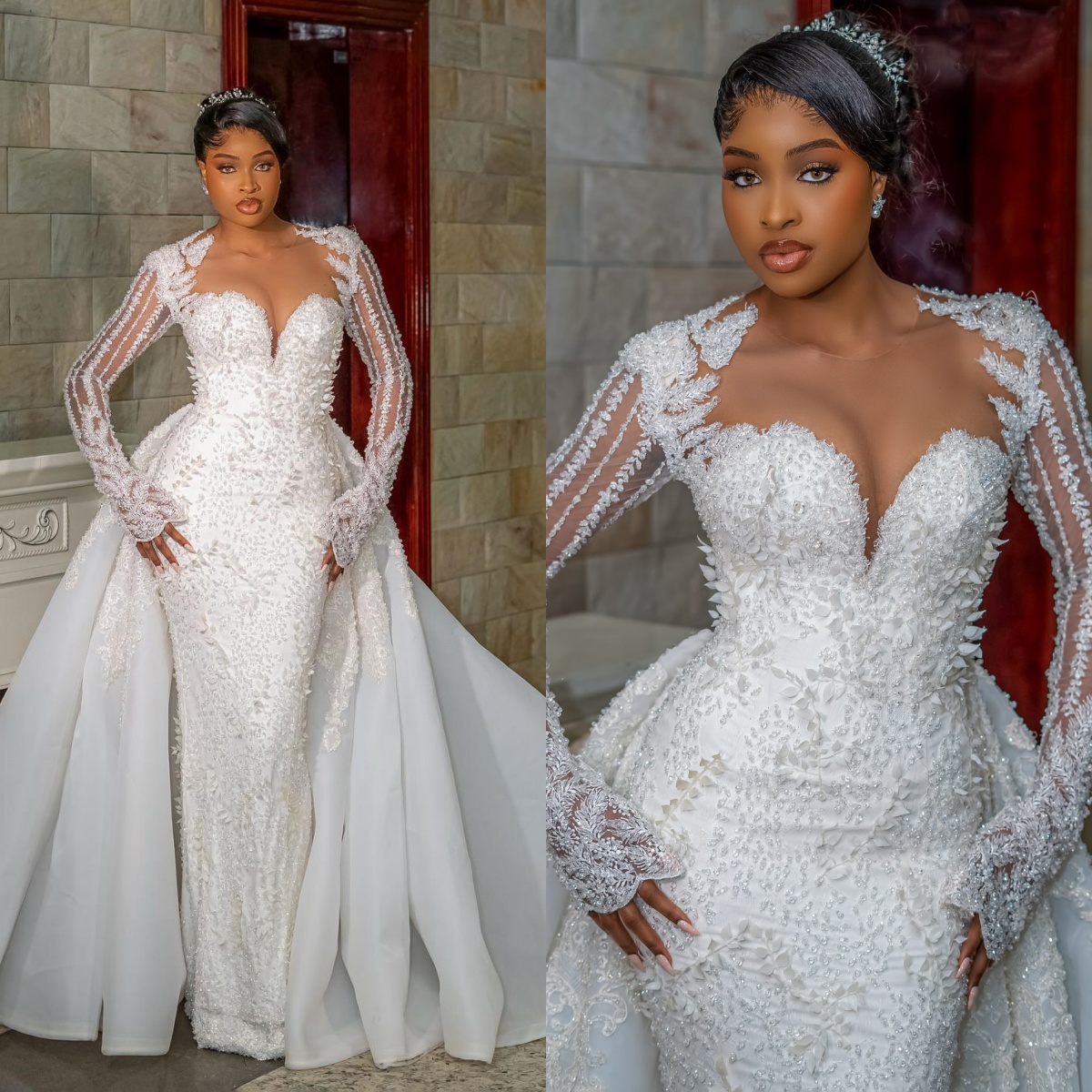 Gorgeous Appliques Wedding Dresses O Neck Bridal Gowns Detachable Train Long Sleeve Beading Mermaid Customized Vestidos De Novia Plus Size