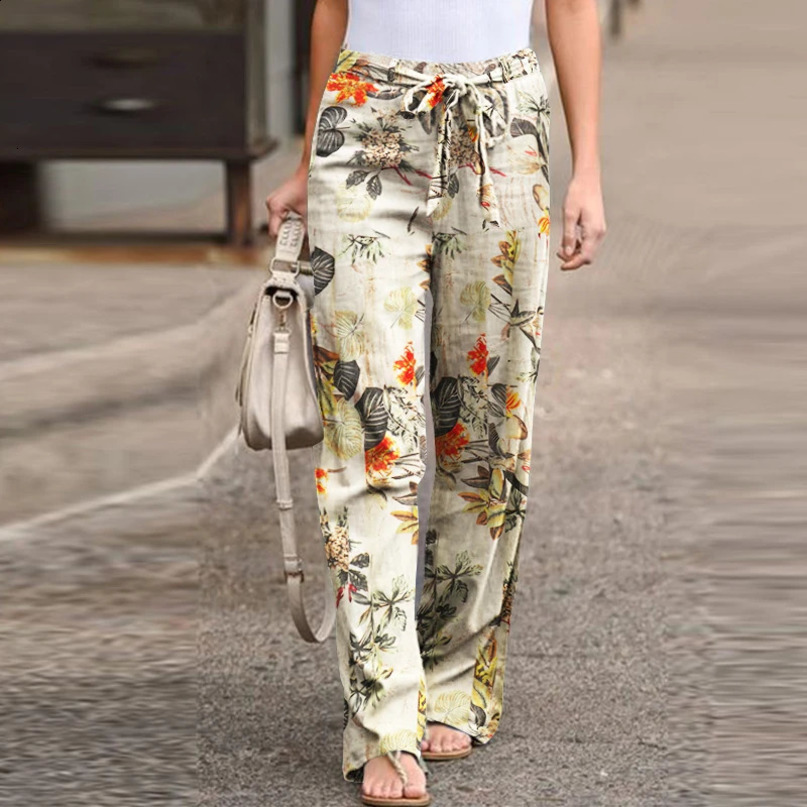 Women Long Pants Spring Fashion High Waist Drawstring Straight Loose Vintage Printed Casual Ladies WideLeg Pant 250102