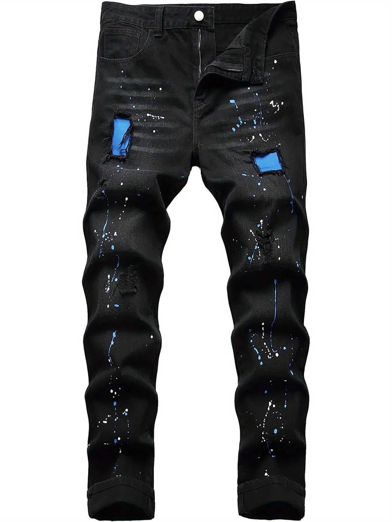 Mens jeans blue patch tear elastic regular black jeans pants W250925