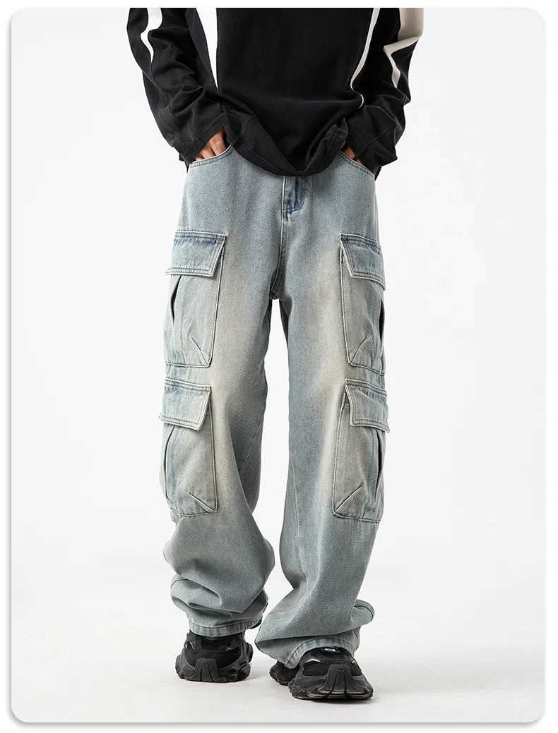 Mens new multi pocket workwear design jeans retro washed Japanese and Korean casual pants loose pants soft and cool W250925