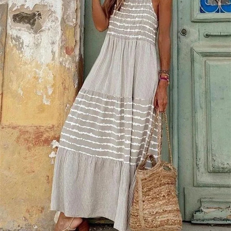 Summer Women Casual Loose Long Beach Dresses Vintage Striped Print Patchwork Maxi Dress Female Elegant Sleeveless Straps Dress 240318