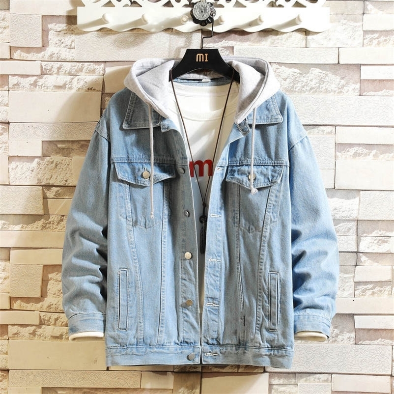 Men's Jackets Denim Jacket Men Hooded Casual Men Jean Jackets Streetwear Solid Color Turn Down Collar Denim Coats Men Jacktes Hat Detachable 23