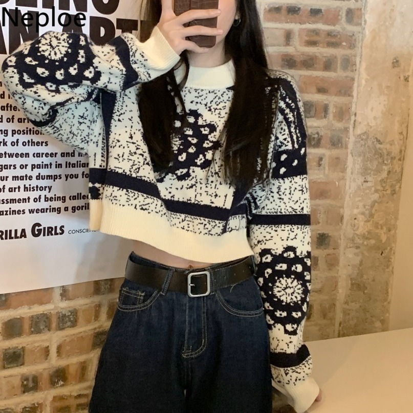 Neploe Vintage Knitted Carpped Sweaters for Women O-neck Long Sleeve Pullovers Female Crop Tops Streetwear Fashion Pull Femme 210422
