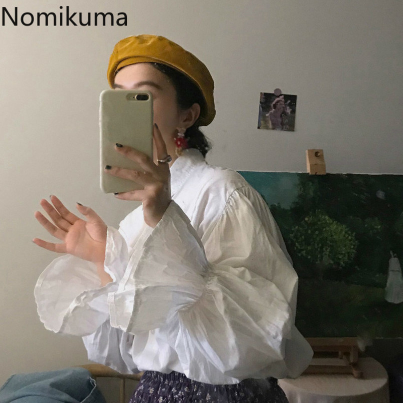 Nomikuma White Flare Long Sleeve Women Blouses Autumn Korean Turn-down Collar Shirt Causal Blusas Mujer De Moda 6C286 210427