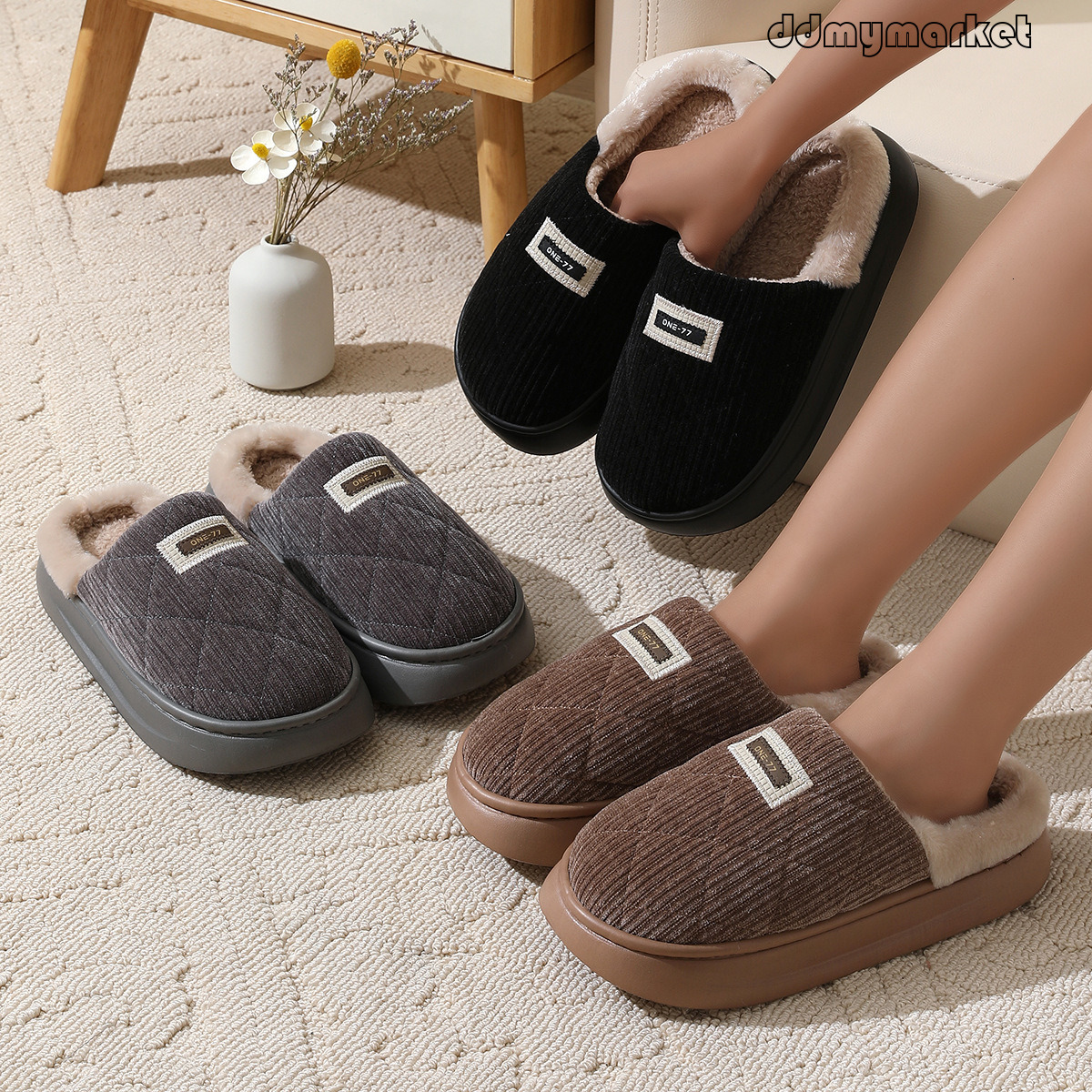Cotton Indoor Non-Slip Home Thickened Fleece Couple Slippers Winter Men's ddmymarket