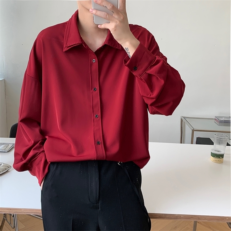 Men's Casual Shirts Long sleeve shirt men Double Collar Ice Silk Shirt Men Vintage Wine Red Shirts Men Korean Comfortable Blouse Casual Loose S