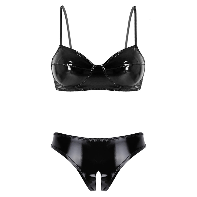 Womens Glossy Lingerie Sets Patent Leather Exotic Bikini Suits Underwear Sleeveless Bra Tops with Open Crotch High Cut Briefs 250605