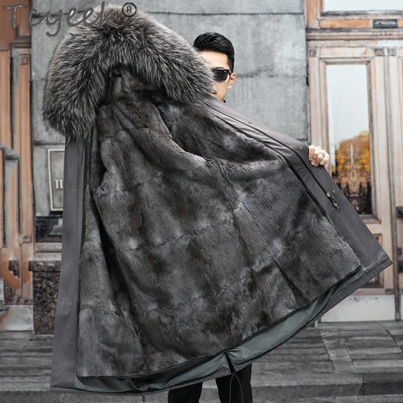 Tcyeek Warm Natural Mink Lining Detachable Coat Fashion Mens True Fur Leather Jacket Winter Coat Mens Clothing Korean Mens Parka 241125