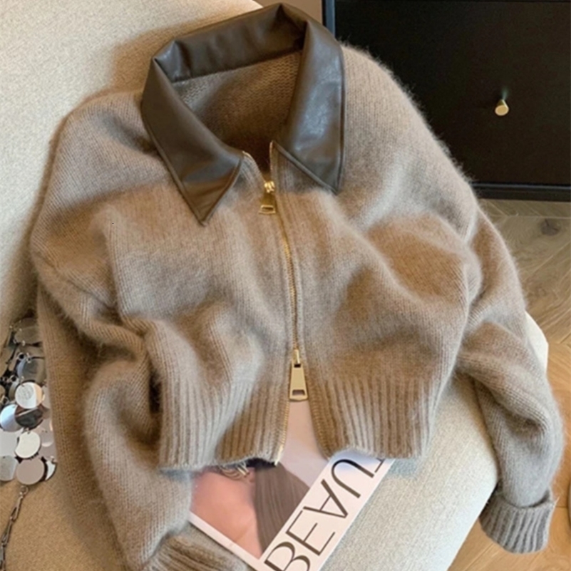 Spliced Leather Collar Knit Sweater Fashion Double Zipper Cardigan Womens AutumnWinter Soft Vintage Long Sleeve Streetwear y250905