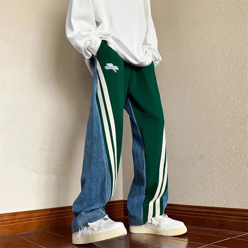 Mens Y2K Tracksuits Denim Drawstring Casual Pants Street Straight Pants Unisex Fashion Stitching Contrast Jeans Hip-Hop Trousers 240429
