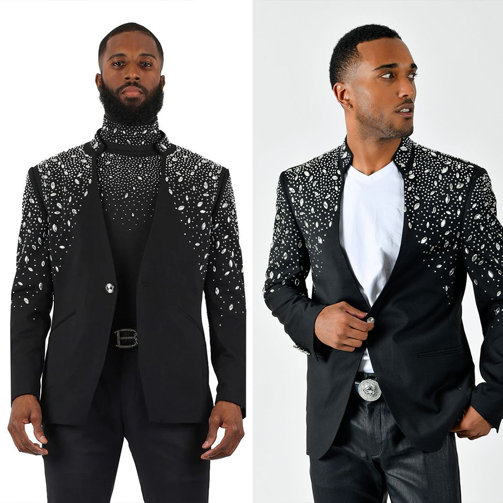 Vintage Men's Suit Crystal Tailor-Made 1 Piece Jacket Beaded Blazer One Button Evening Party Customized Only One Coat Pants Plus Size