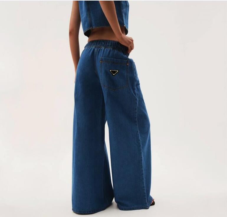 Spring Women's desinger Streetwear Wide-Leg Denim Jeans Retro Low-Waist Washed Straight Fit pocket with sticker pants