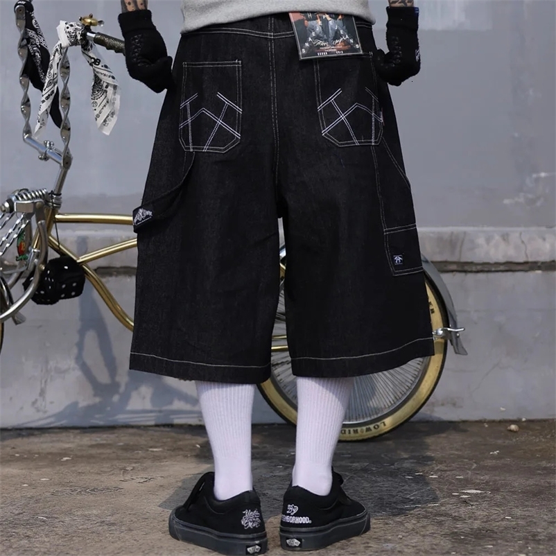 High Street Embroidery Casual Over Knee Summer Jeans Shorts Mens Wide Leg Baggy Y2K Denim Short Oversized Five Point Pants 240530
