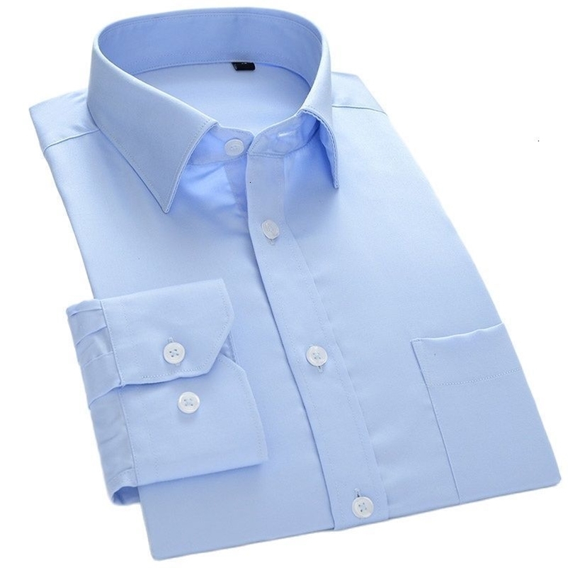 Men's Casual Shirts 100% Mercerized Cotton Men Dress Shirts Business Long Sleeve Solid Slim Fit Formal Shirt Mens White Ligh Blue with Pocket S