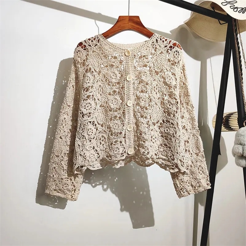 Lace Small Shawl Cotton Cardigan female 2023 spring and summer o neck long sleeve solid casual Versatile Hollow Female y250905