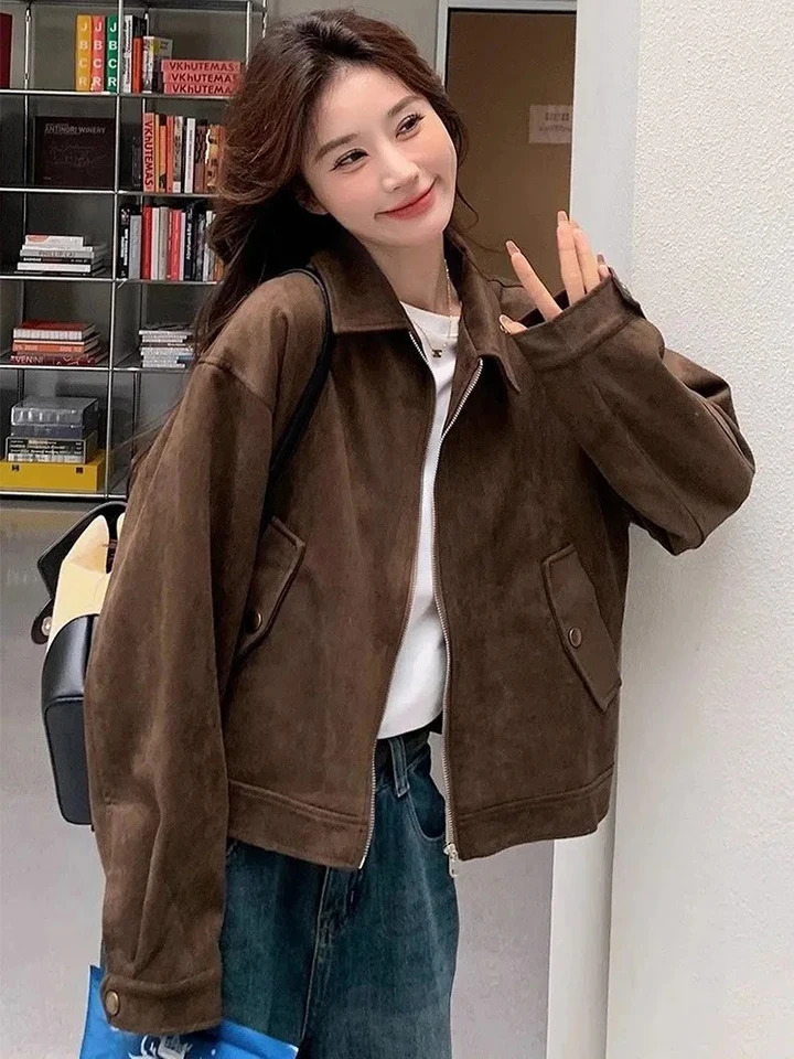 Korean Retro Autumn Jacket Women Brown Loose Simple Zipper Office Lady Coats Long Sleeve Vintage Elegant Female Short Jackets 250905