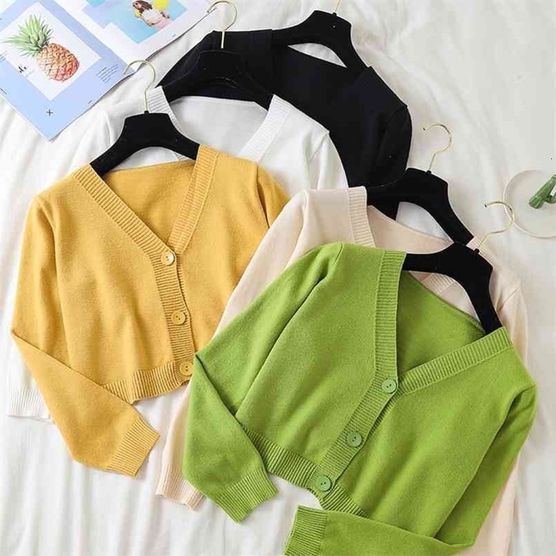 Autumn Green Cropped Cardigans Sweater Women Loose Ladies Short Knitted Sweaters Long Sleeve V neck Solid Chic Streetwear 210917