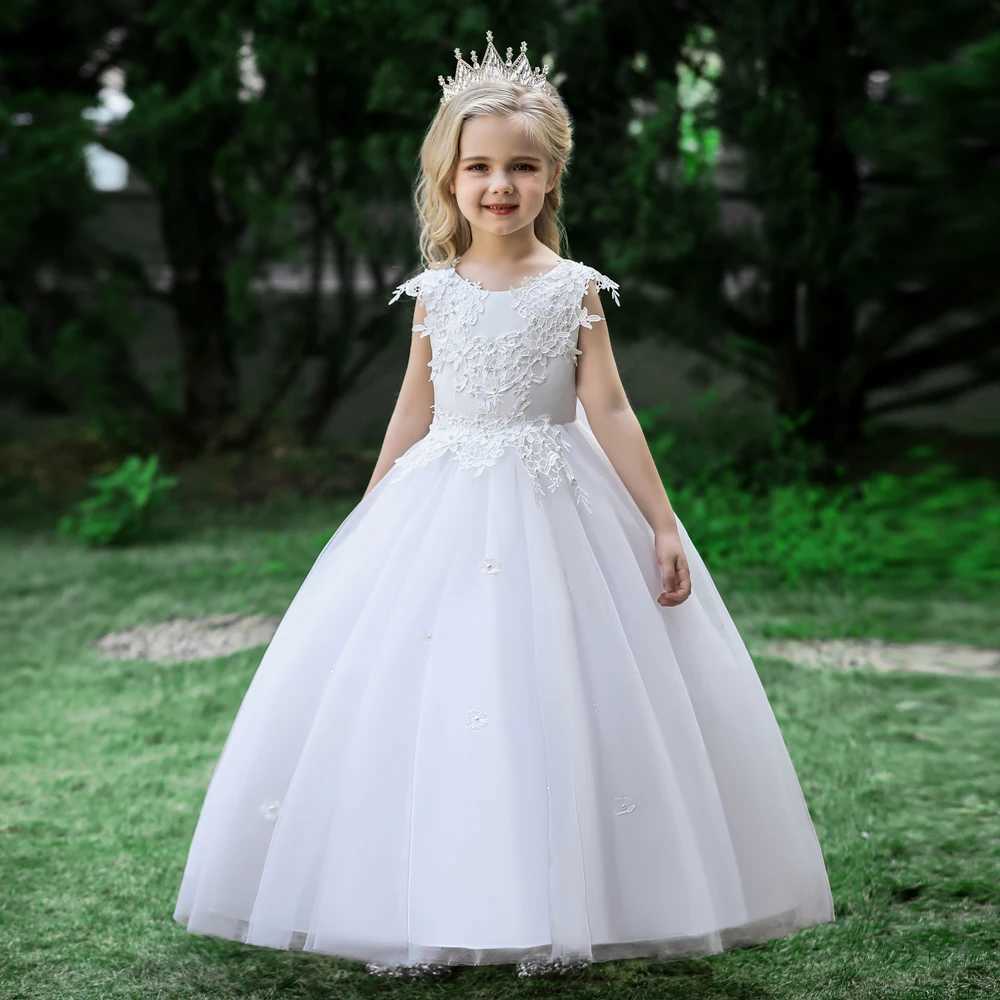 Formal Tulle Flower Bridesmaid Girls Dress Vestido White Wedding Princess Prom Kids Par Dresses For Girls Bow Birthday Costume W250925