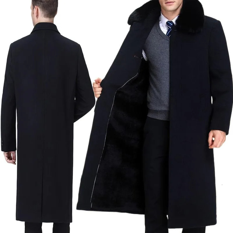 Mens Wool Blend Winter Trench Coat Thickened Plush Warm Overcoat Windproof Cold Weather Long Jacket 250923