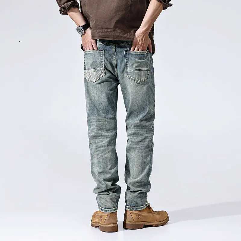 JXNH63 American retro design sense splicing jeans mens Slim stretch straight trousers heavy wash gang handsome tide highend W250925