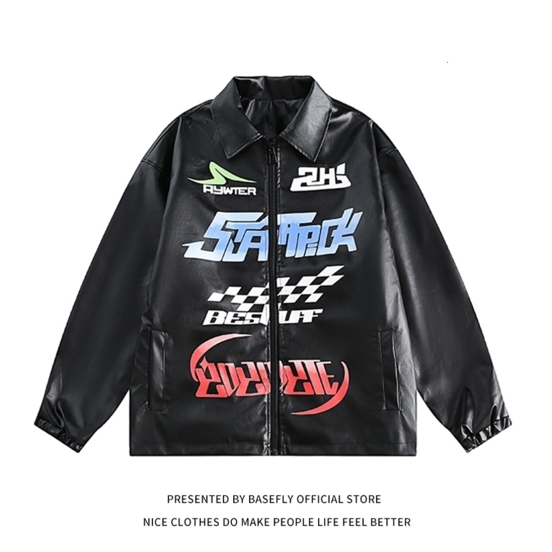 Womens Jackets Spring Autumn Racing Print PU Leather Motorcycle Jacket Unisex Men Baseball Bomber Coat Varsity Women Retro Vintage 230726