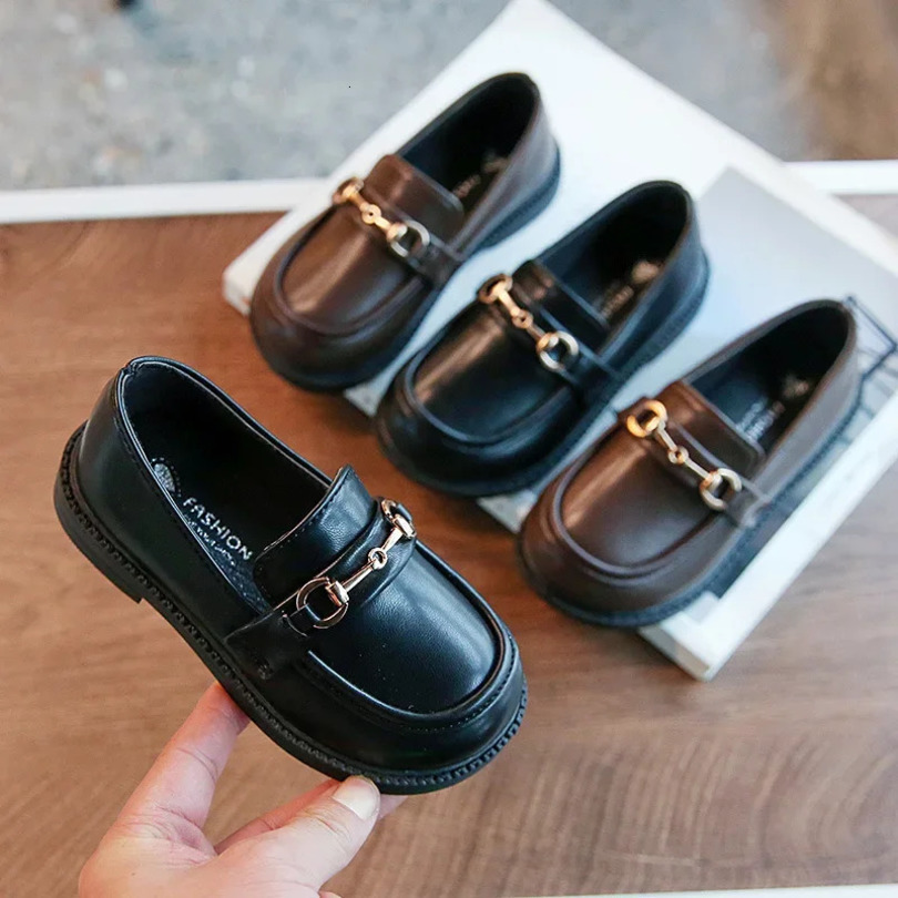Spring Girls British Boys Leather Shoes Children Soft Mary Janes Metal Kids Fashion Casual Solid Black Slip-on Loafers 250103