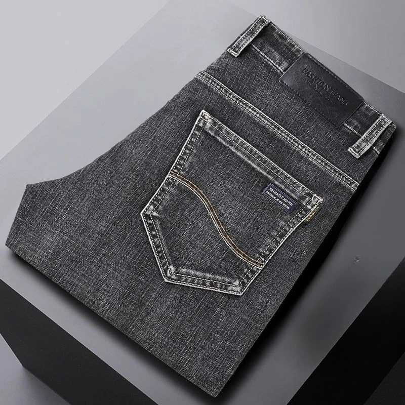 Autumn Winter Cotton Gray Mens Slim Fit Straight Jeans Business Casual Elastic Allmatch Fashion Pants Denim Trousers Male Brand W250925