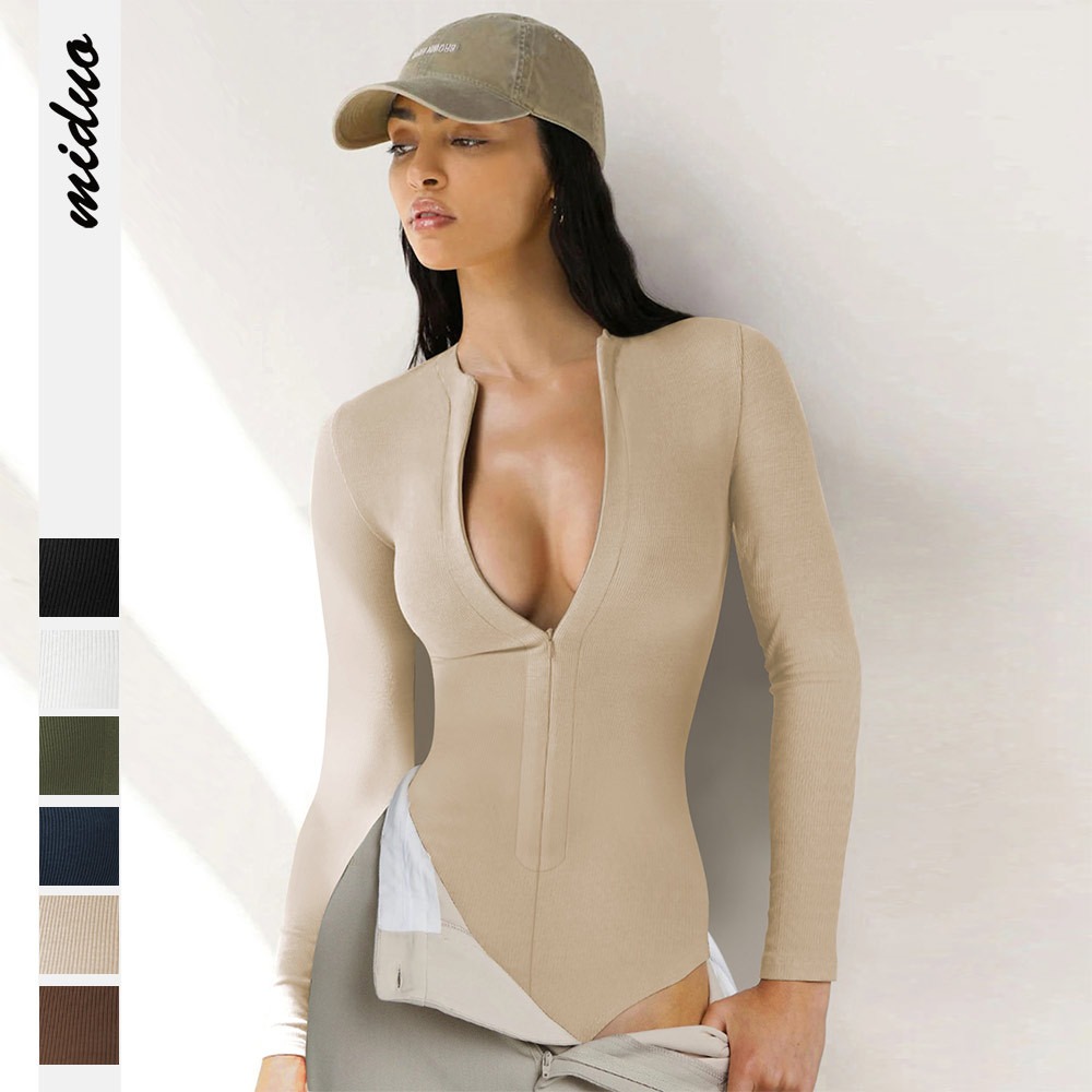 Womens Deep V Neck Bodysuit Long Sleeve Zipper Front Slim Fit Stretch Fabric Multicolor For Party Club Daily Wear Fashionable Sexy