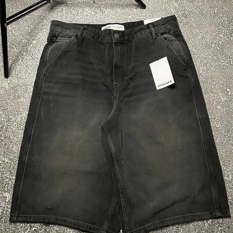 High street hip-hop Korean simple mens denim shorts retro casual wear y2k sports mid-length high-waisted couple wide-leg pants 240409