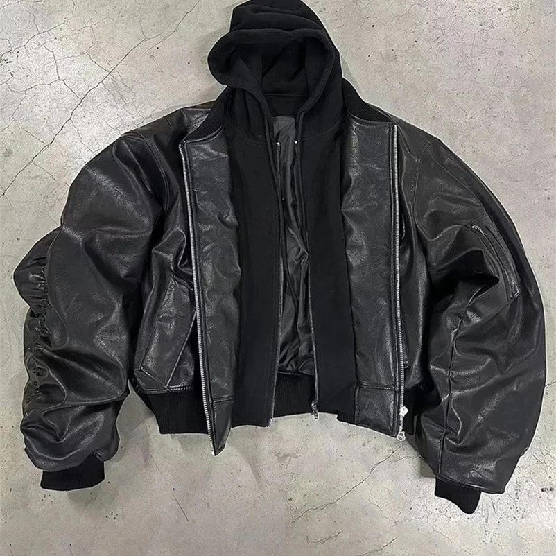 Mauroicardi Autumn Winter Oversized Cool Black Thickened Warm Pu Leather Bomber Jacket Men Hood er 2 Clothes 250122