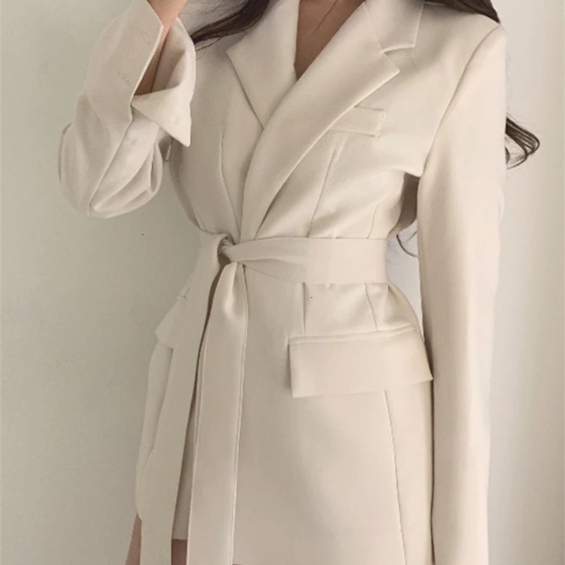 Business Chic Blazer Women Jacket Female Clothing Autumn Winter Medium Length Long Sleeved Overcoat Solid Ladies Tops Lace Up 240229